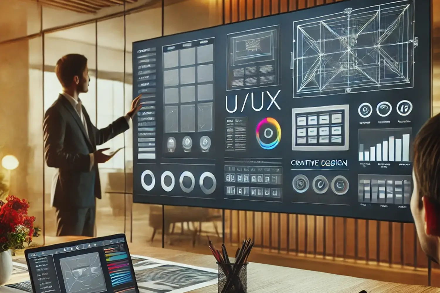 Professional presenting a large interactive UI/UX design screen with creative design elements and analytics in a modern office setting.
