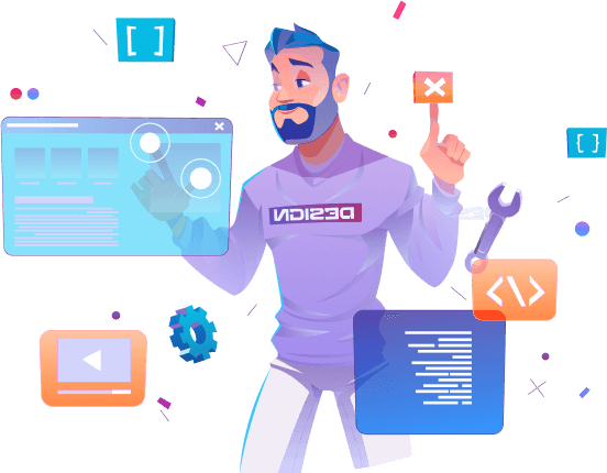 Illustration of a designer surrounded by UI elements, code icons, and tools, representing web and graphic design concepts