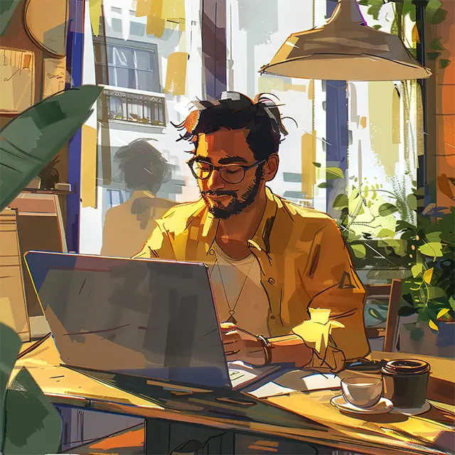 A man working on a laptop in a modern, sunny environment. The vector-style illustration depicts a vibrant and creative scene, perfect for highlighting a workspace.