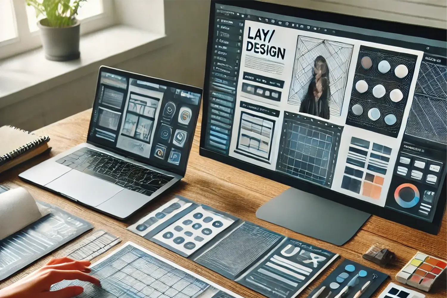 Workspace setup featuring a laptop and a desktop monitor displaying graphic design layouts, grids, and UI/UX elements, surrounded by design tools, color palettes, and sketches on a wooden desk.