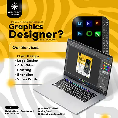 A vibrant flyer promoting graphic design services, highlighting offering such as flyer design, logo design, and video editing. Perfect for creative projects.
