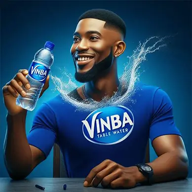 A vibrant brand identity image for Vinba Table Water showcasing a smiling man holding a water bottle, with dynamic water splash effects that emphasize freshness and quality.